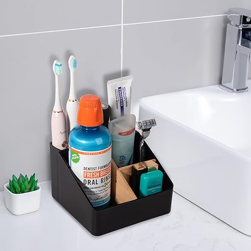 Miniatura 16 de Portacepillos de dientes para baños, soporte para cepillos de dientes de bambú con 5 ranuras, organizador de tocador de baño, encimera para cepillos