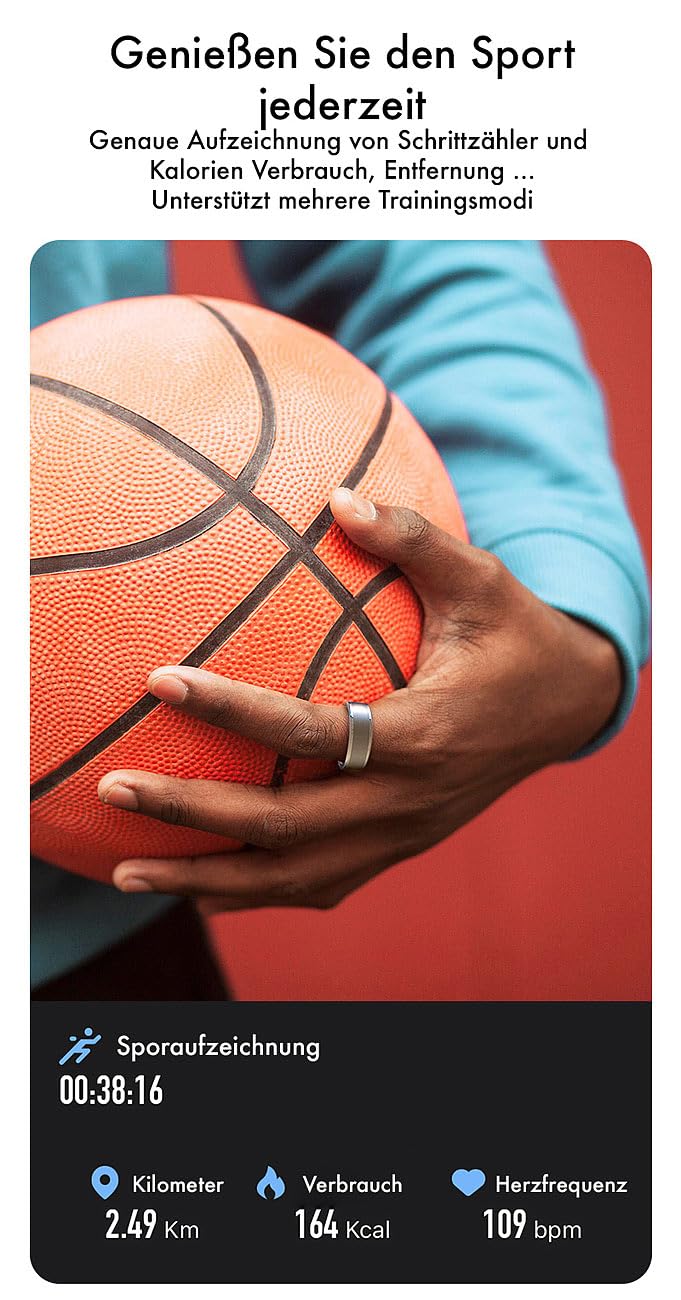 Newgen Medicals Smart Ring: Fitnesstracker-Ring, Sp02, Herzfrequenz, Schlafanalyse, Silber, Gr. 65 (Fitness-Tracker-Smart, Gesundheitsmonitor, Gr)