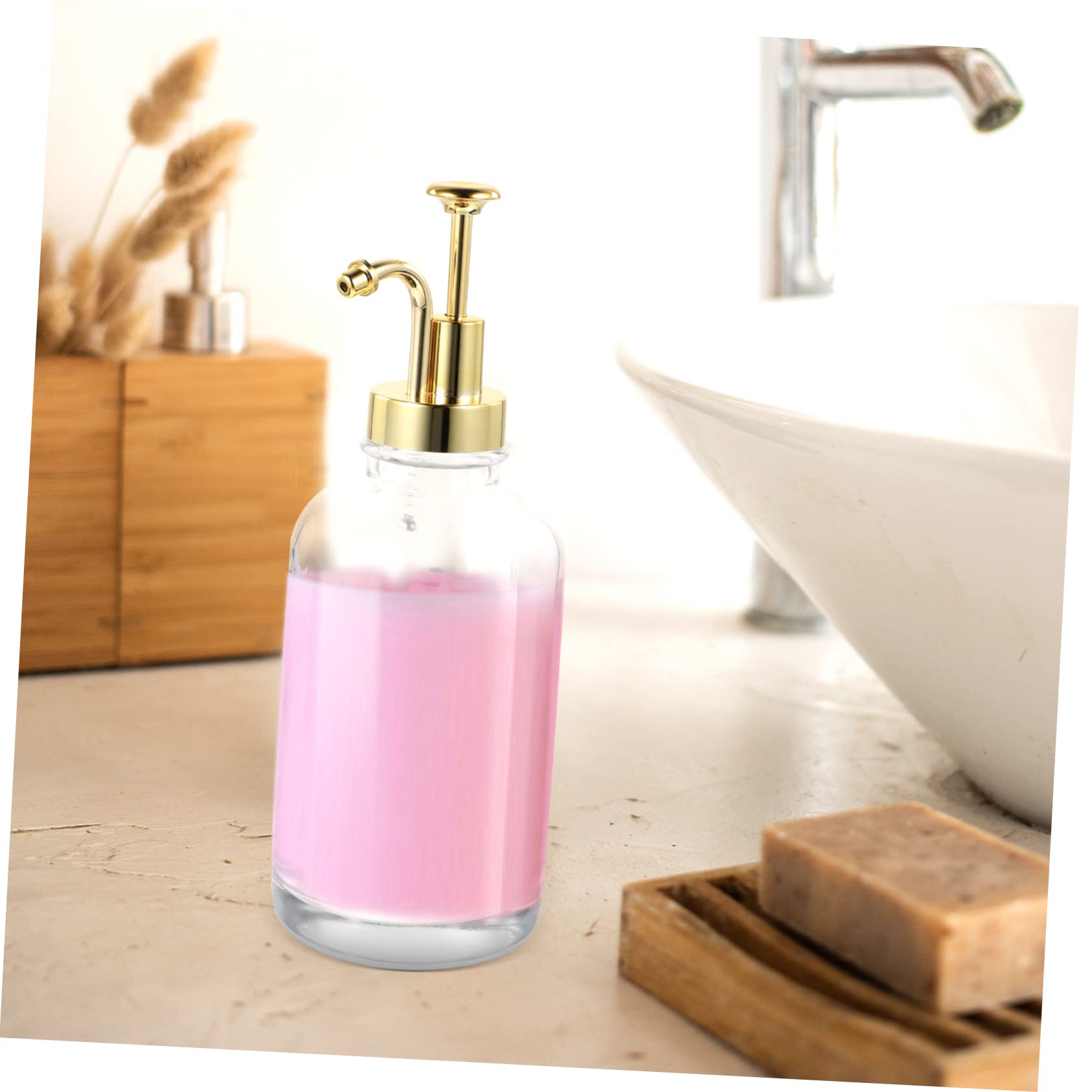 DOITOOL Botella Dispensadora de Vidrio Bomba Dorada para Jarabe de Café, Diseño Transparente y Madera, Adecuado para Cocina y Café Casero Dosificador Preciso