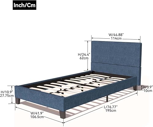 Miniatura 2 de Cama de plataforma tapizada tamaño individual con cabecero copetudo, marco de cama de lino moderno, soporte de listones de madera, no necesita Azul