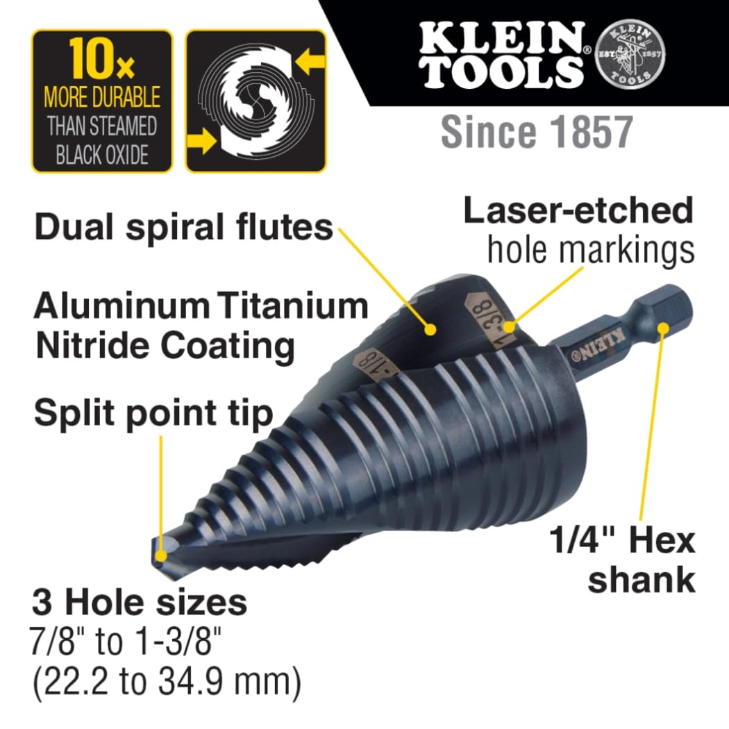 Klein Tools QRST15 wiertło stopniowe, spirala szybkiego uwalniania, podwójnie gwintowana, 7/8 do 1-3/8 cala, chwyt sześciokątny, stal cięta, drewno, plastik, aluminium