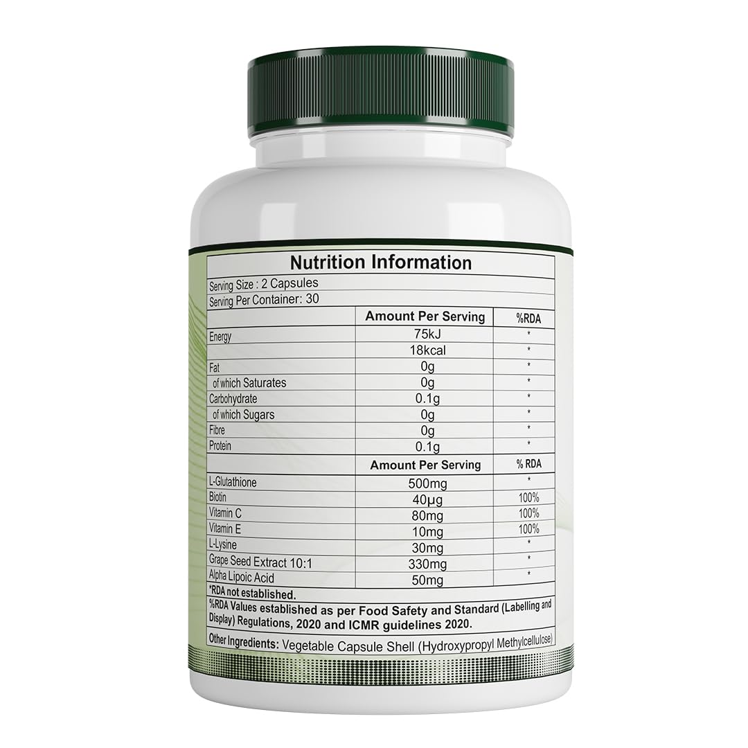 Buy Healthreef Plant-Based Glutathione Capsules with L-Lysine, Vitamin C &  E – Supports Skin Glow, Pigmentation & Even Tone – 60 Vegetarian Capsules  