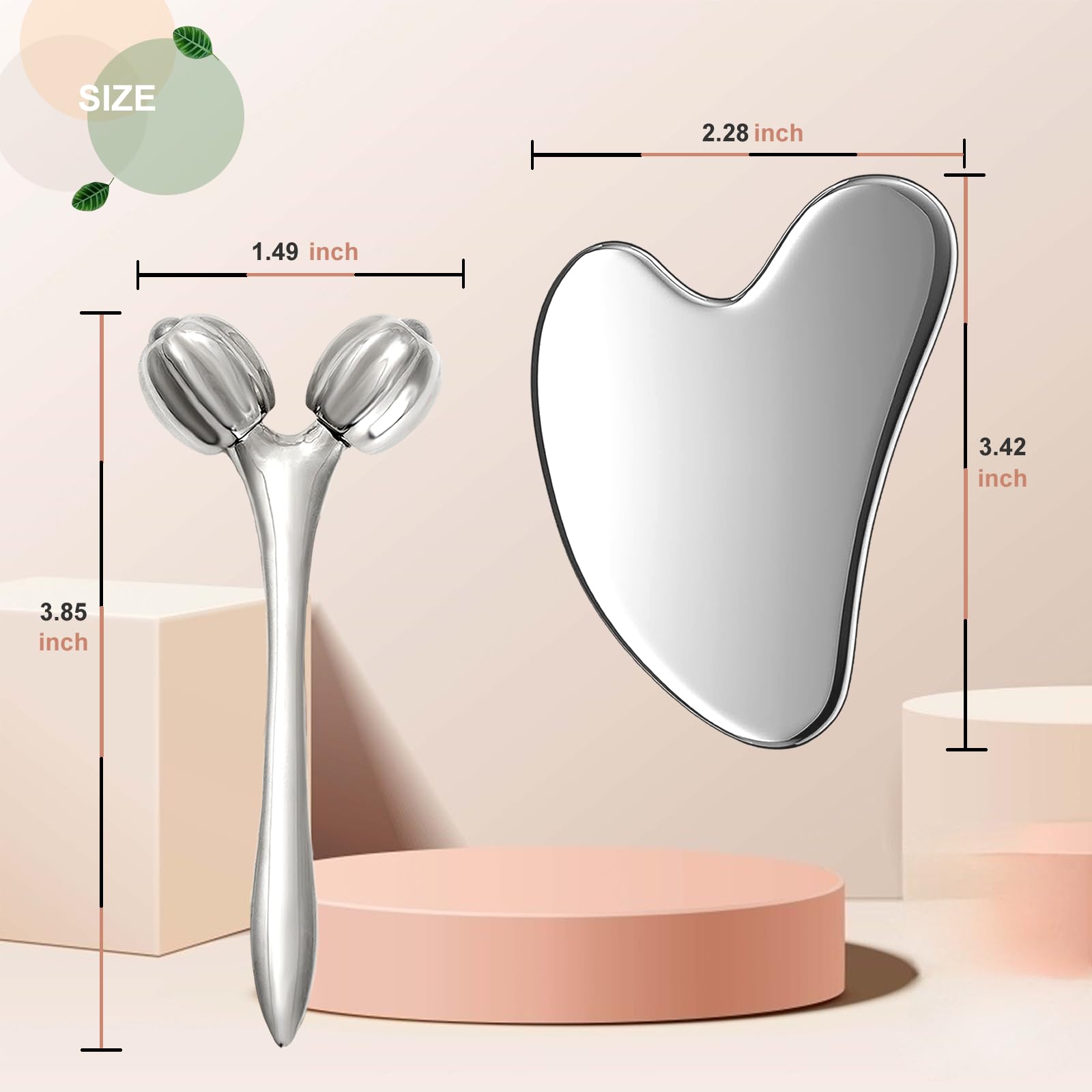 Gua Sha - Juego de herramientas faciales de acero inoxidable, rodillo facial y Gua Sha para masaje facial, cuello, ojos, cuerpo, elevación de barbilla y estiramiento de la piel (corazón