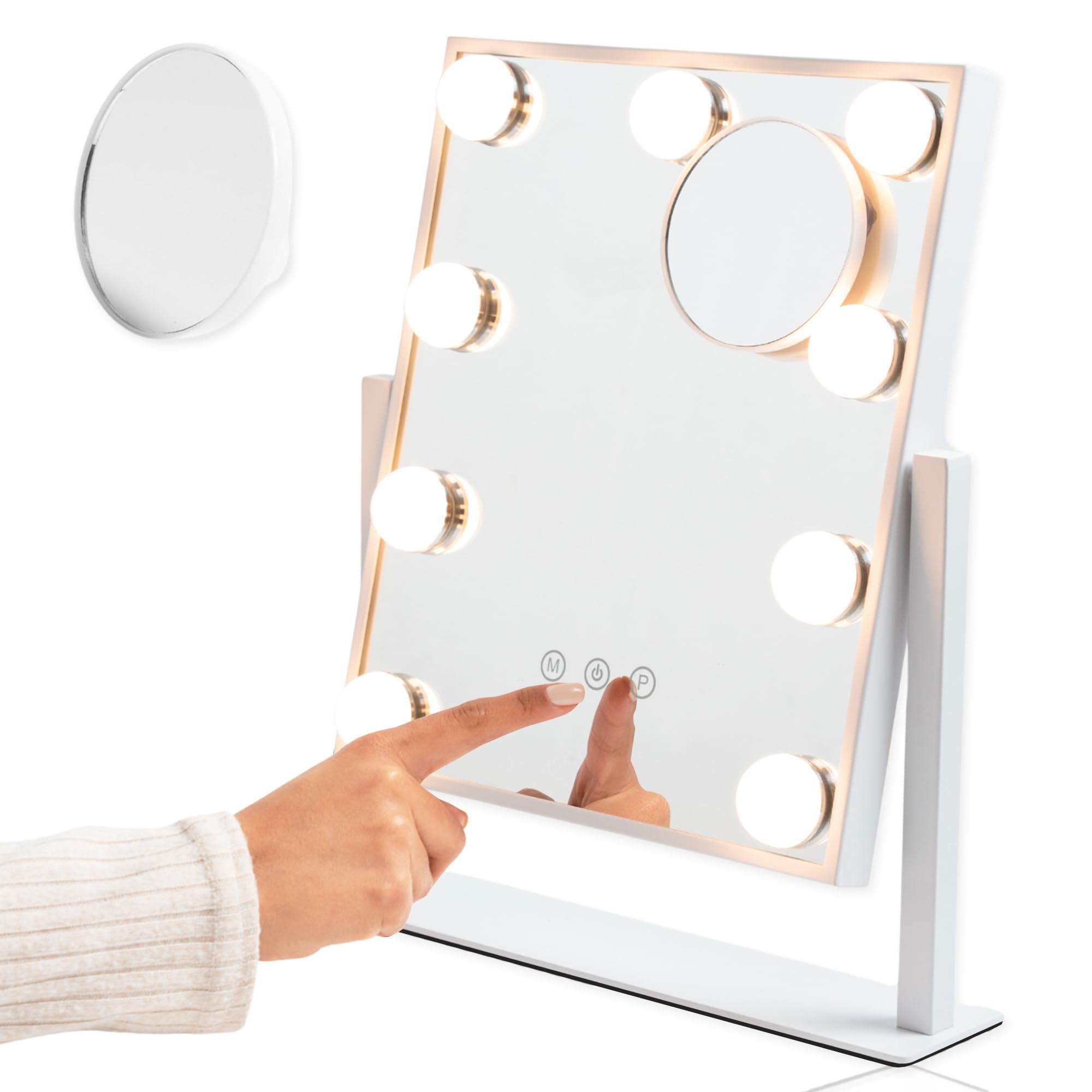 EMINENZA Espejo Holywood Maquillaje Grande con Luz, Espejo de Maquillaje con 9 Bombillas LED en 3 Modos, Luz Ajustable, Rotación de 360°, Control Tactíl,Espejo de Aumento