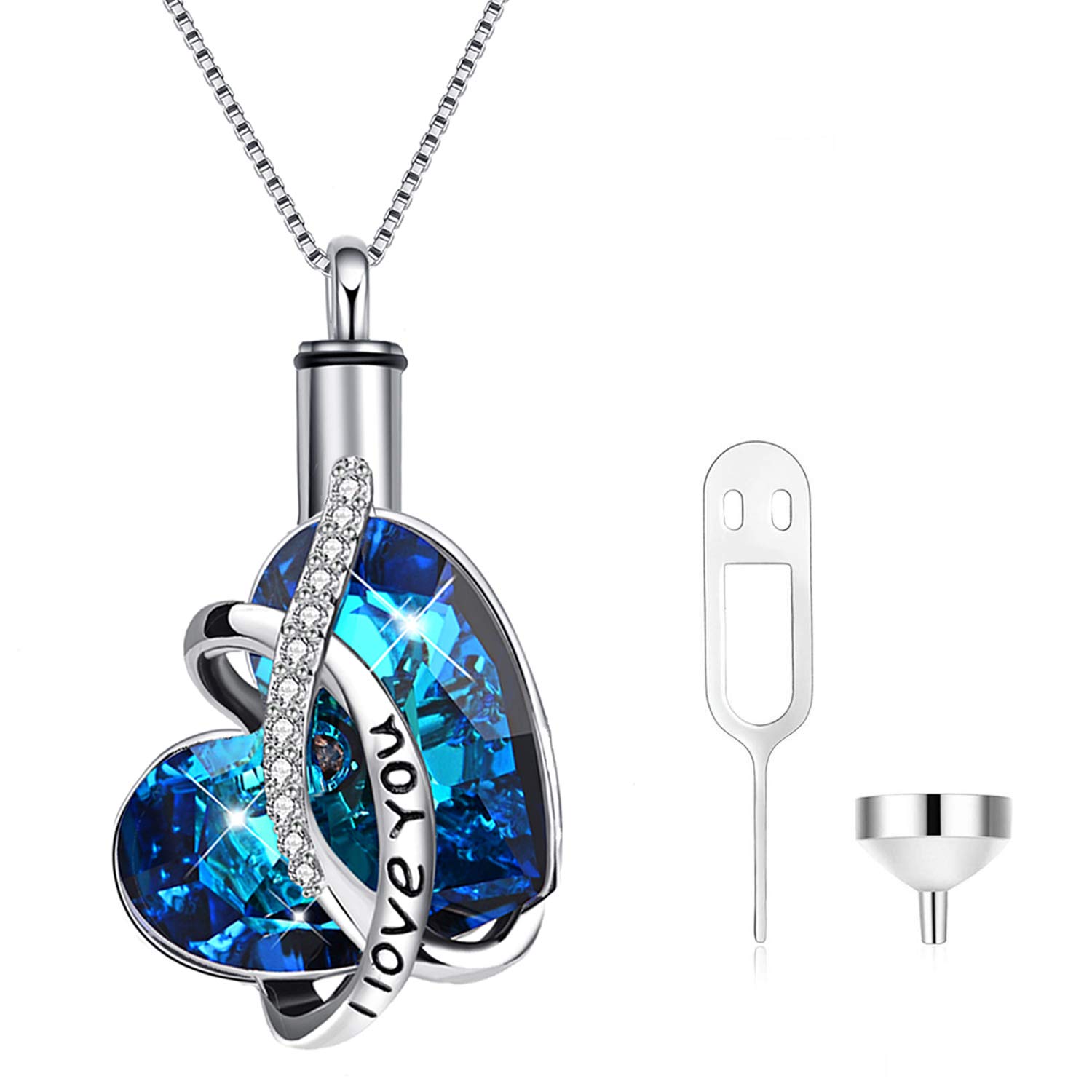 AOBOCOHeart URN Necklace S925 Sterling Silver Cremation Necklace for Ashes Embellished with Crystals from Austria, Fine Keepsake Memorial Jewelry for Ashes (Package including a Necklace/Pin/Funnel)