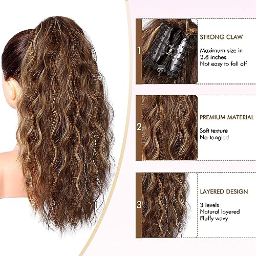 PORSMEER Claw Clip in Ponytail Hair Extensions 18 inches Long Curly Brown Ponytail Multi Layered Natural Fluffy Wave Synthetic Hairpiece for Womens Girls Everyday Wear - Image 4