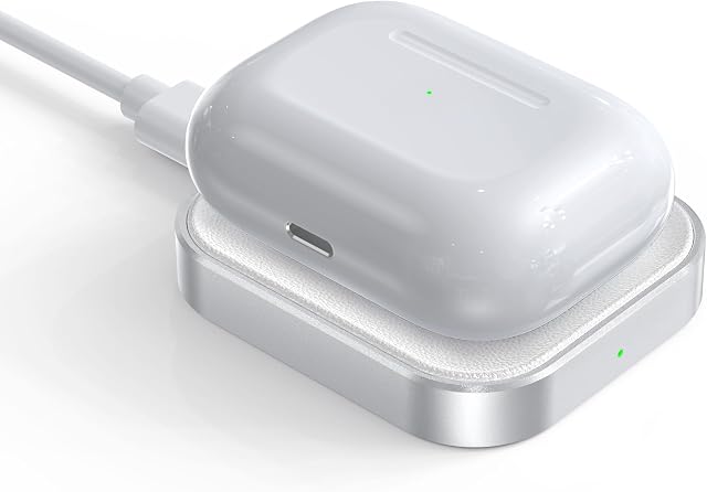 Pour Airpod Charger, Conçu Wireless Charger pour les aéropodes 4(ANC)/3rd/2nd Gen, pour les nouveaux AirPod Pro 3 (2025)/ 2nd Gen, Wireless Ecouteurs, Slim & Compact pour le bureau des voyages à domicile, (Silver+White)