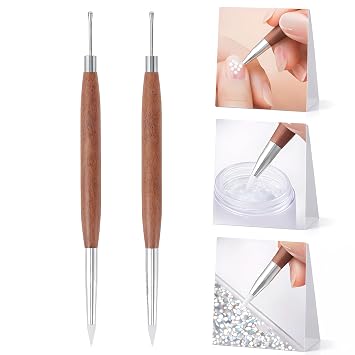 Didiseaon Dual-Ended Nail Sculpture Pen, 2Pcs Wood Handle Silicone Metal Nail Art Tool Set for 3D Gel Polish Design, Builder Gel, Chrome Powder, Salon & Home Manicure