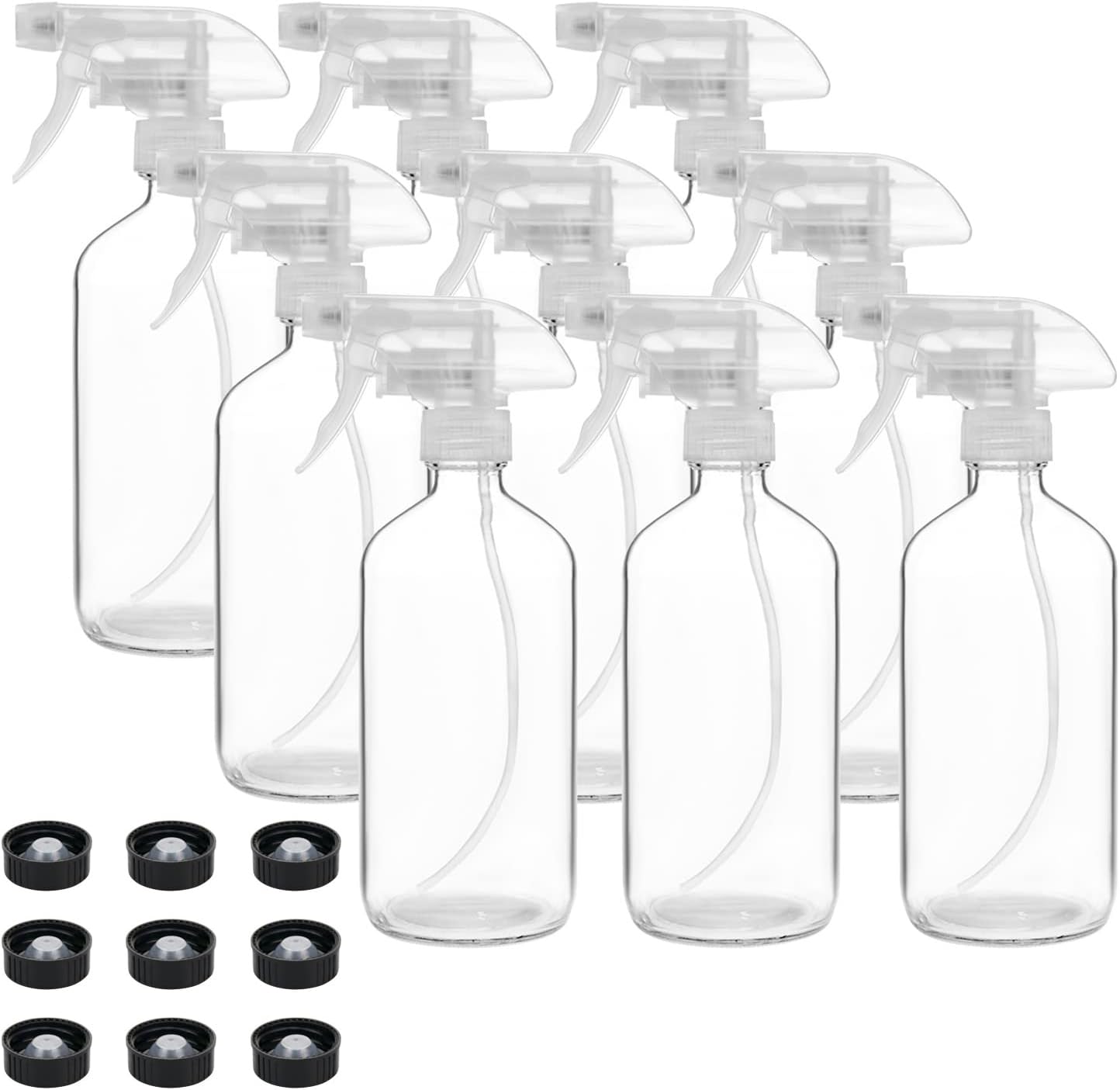 9 Pack Glass Spray Bottles, 16oz Empty Clear Boston Round Bottles Refillable Container with Trigger Sprayer for Cleaning Solutions, Essential Oils, Misting Plants