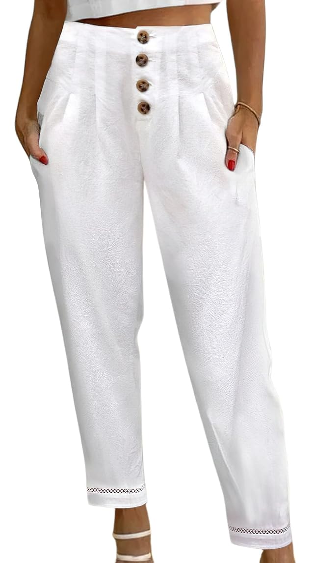 loveimgs Womens Casual Button Fly High Waist Pencil Pants Hollow Out Comfy Crop Pants Trousers with Pockets