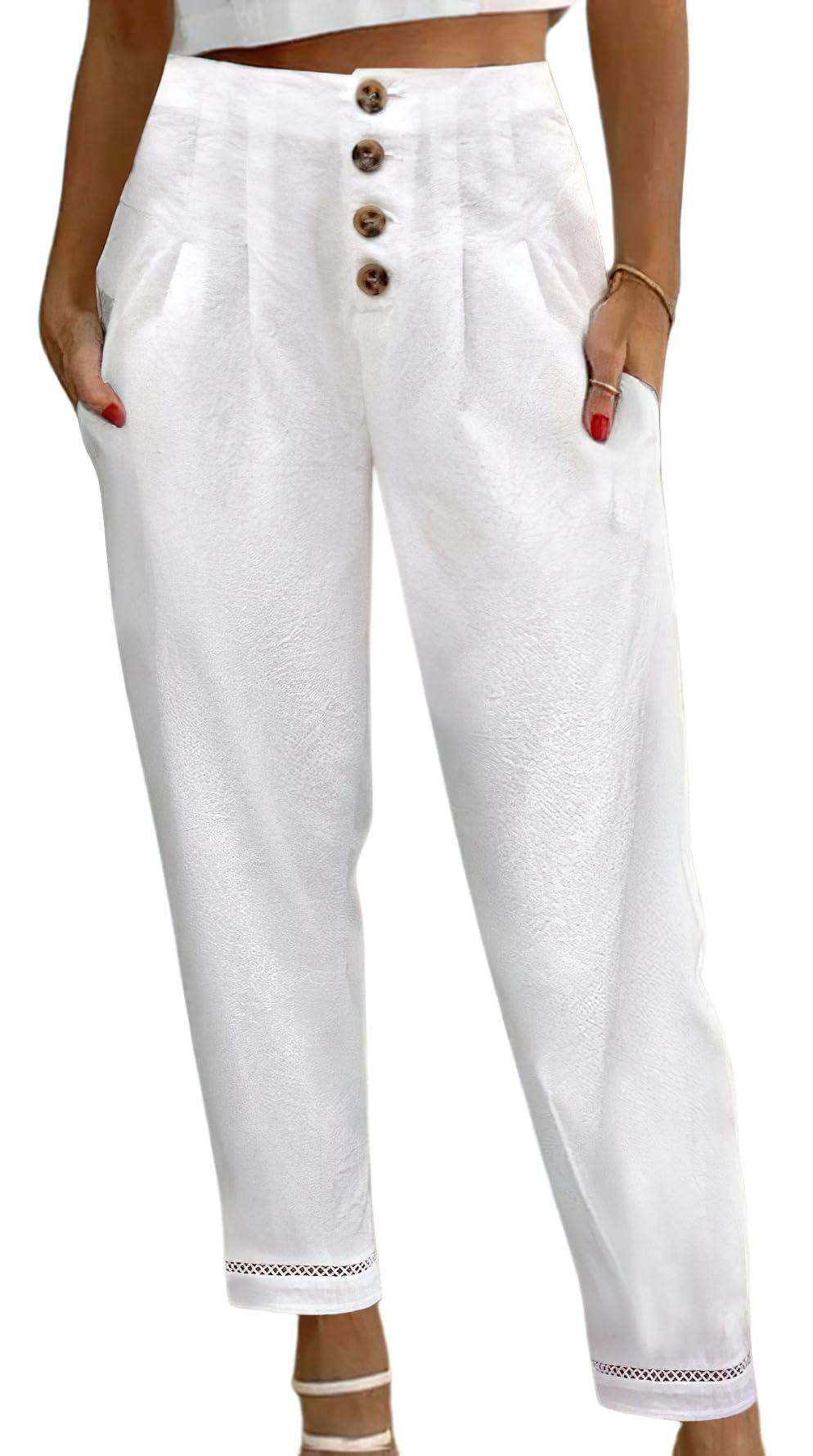 loveimgs Womens Casual Button Fly High Waist Pencil Pants Hollow Out Comfy Crop Pants Trousers with Pockets