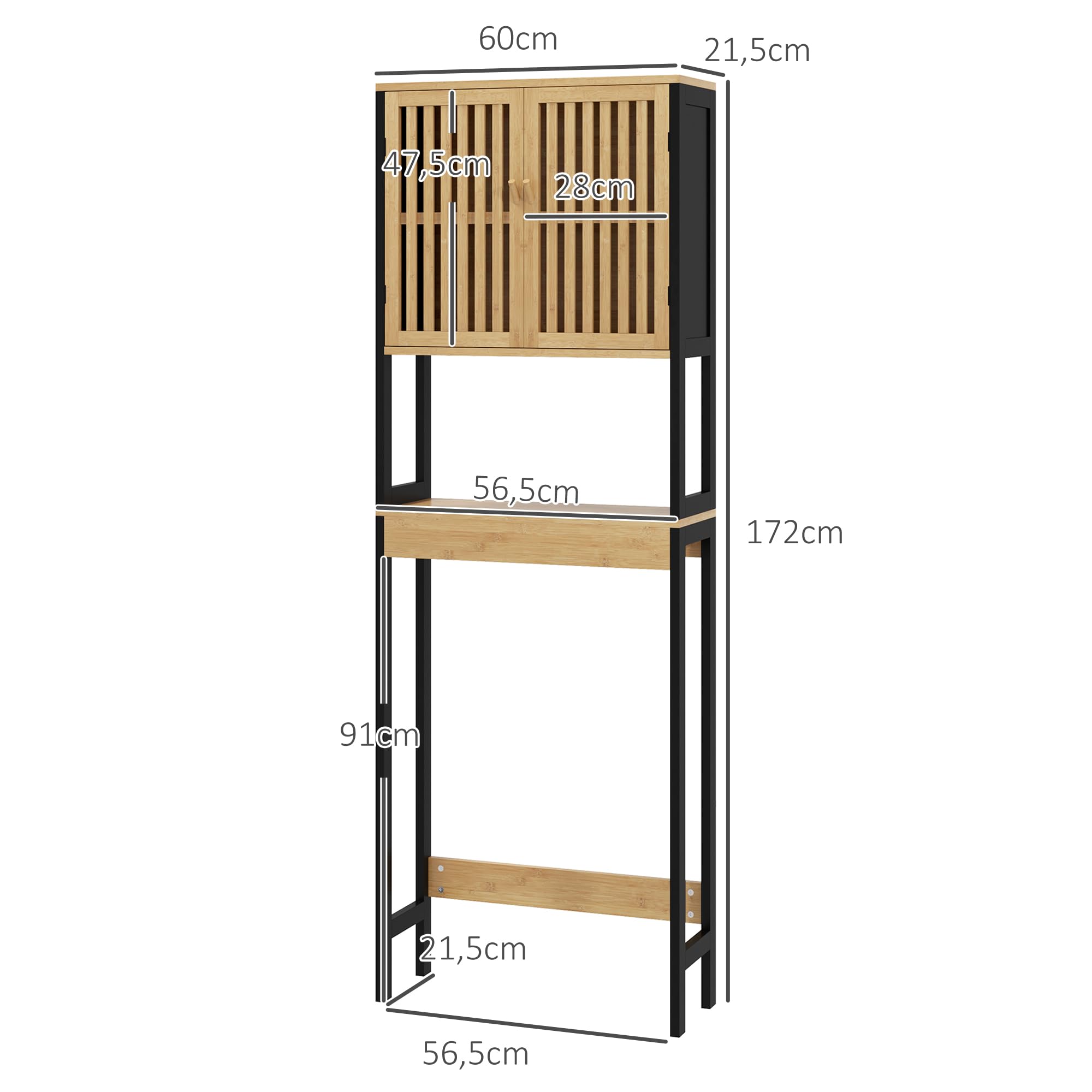 HOMCOM kleankin Regał łazienkowy szafka łazienkowa blat toalety z 2-drzwiową szafką i otwartą półką 60 l x 21,5 l x 172H cm Bambus - naturalne drewno i czarny