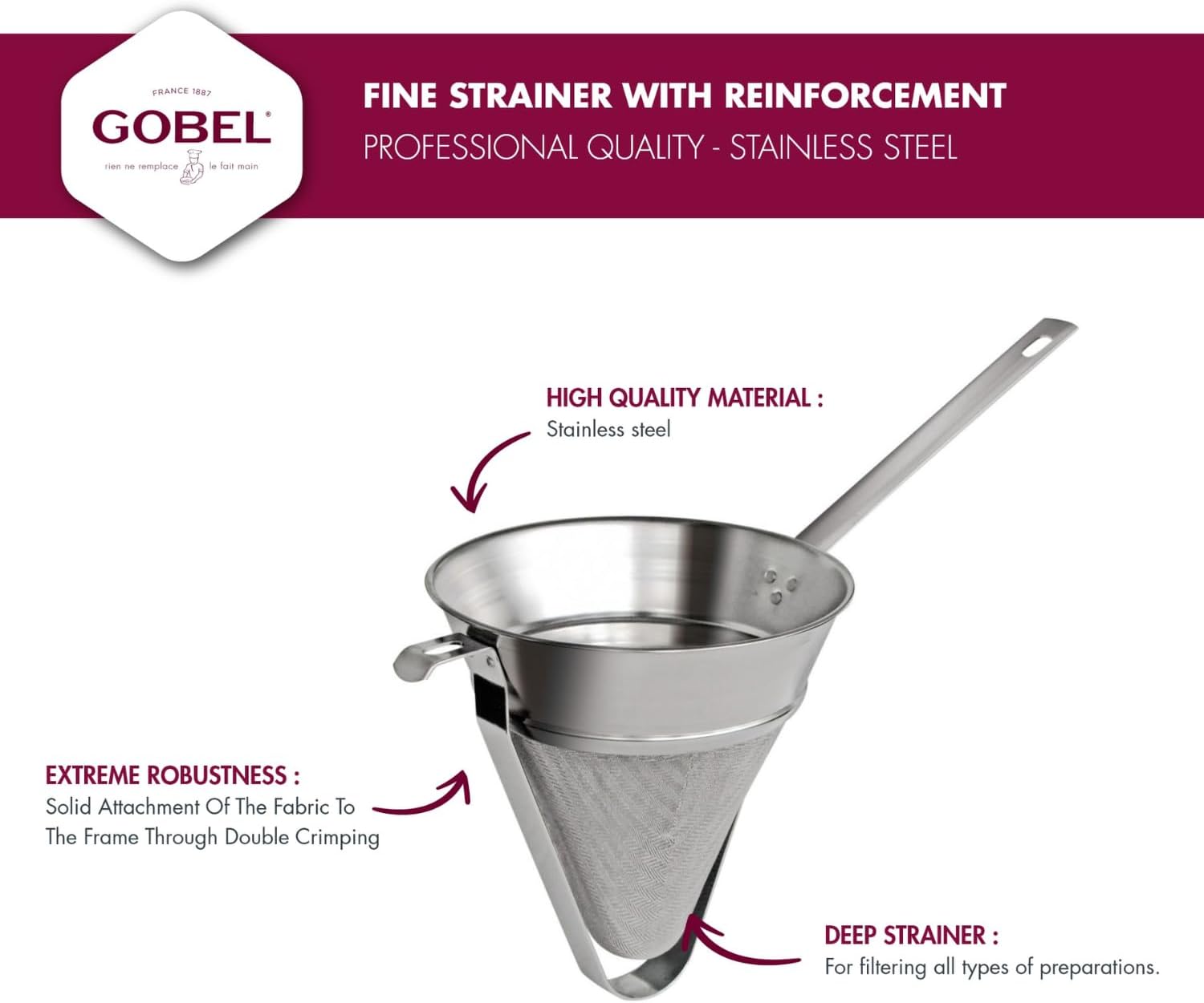 Gobel - Fine Strainer - 8 inch diameter - Stainless Steel - with Reinforcement & with Hook - Professional Quality - Made in France