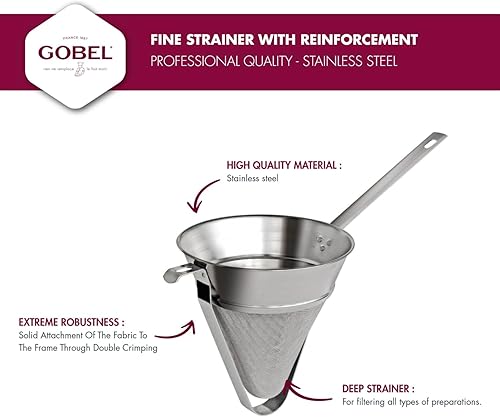 Miniatura 3 de Gobel - Colador fino - 8 pulgadas de diámetro - Acero inoxidable - con refuerzo y con gancho - Calidad profesional - Fabricado en Francia