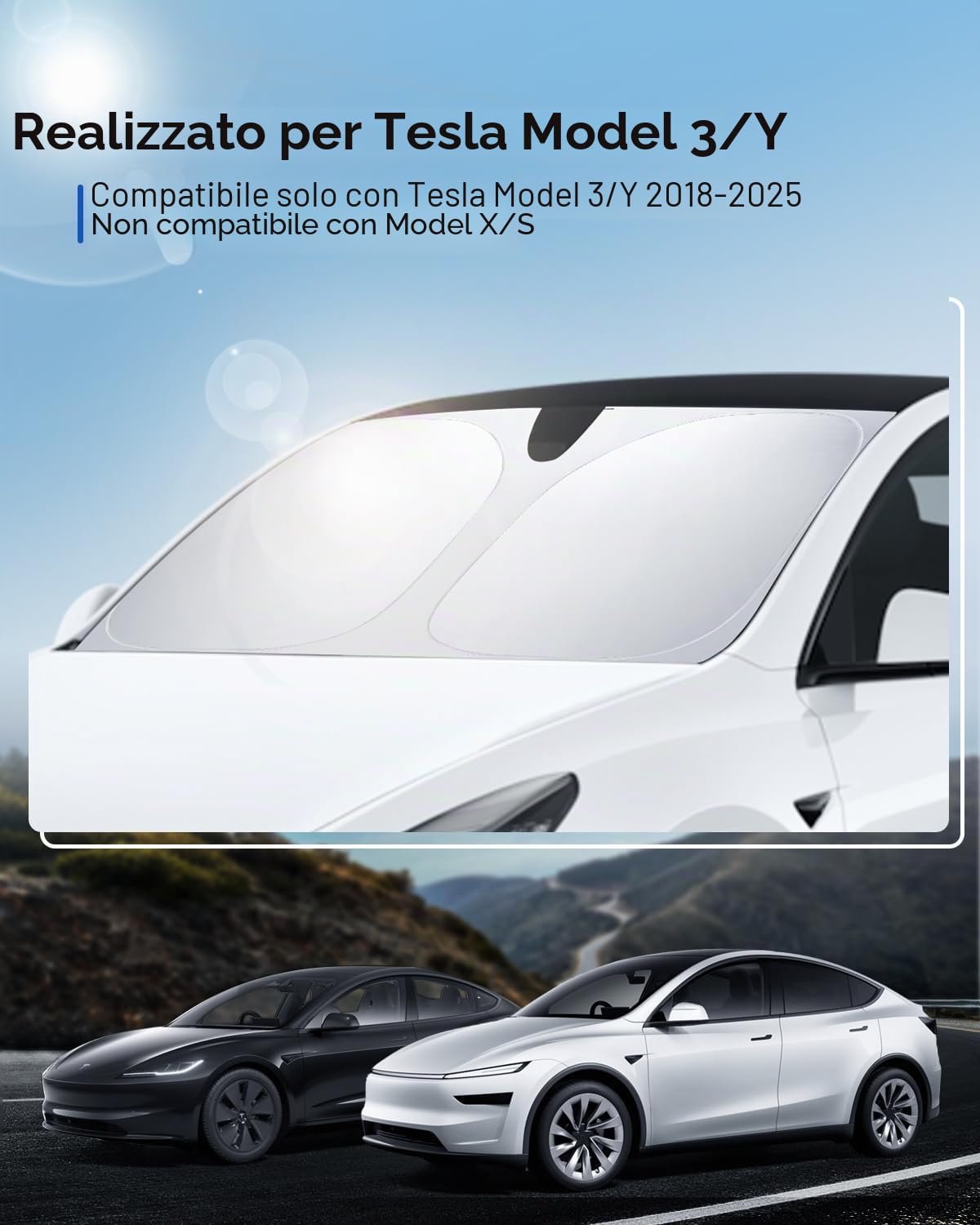 Paravento Parabrezza per Tesla Model 3/Y Parasole Pieghevole con Borsa di Stoccaggio Blocca i Raggi UV Ombrello Model 3/Y 2018-2026 Highland Juniper Accessori