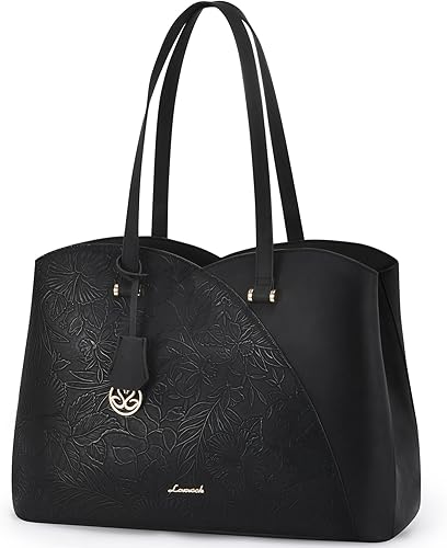Miniatura 9 de LOVEVOOK Bolso de mano para laptop para mujeres, bolsos de trabajo, bolso para laptop para maestros, bolso de computadora de cuero, carteras Negro