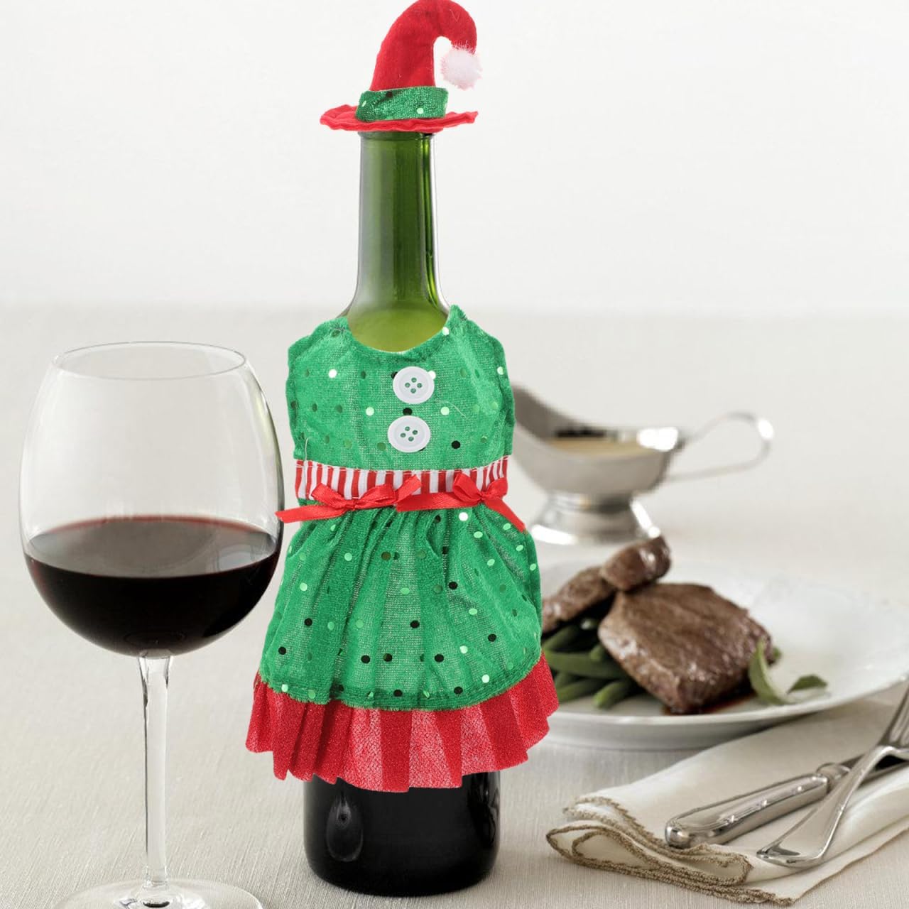 PRETYZOOM 2 Pack Christmas Wine Bottle Covers with Toppers, Holiday Wine Bottle Elf Costume Covers with Mini Elf Cap, Festival Party Decoration, Christmas Supplies