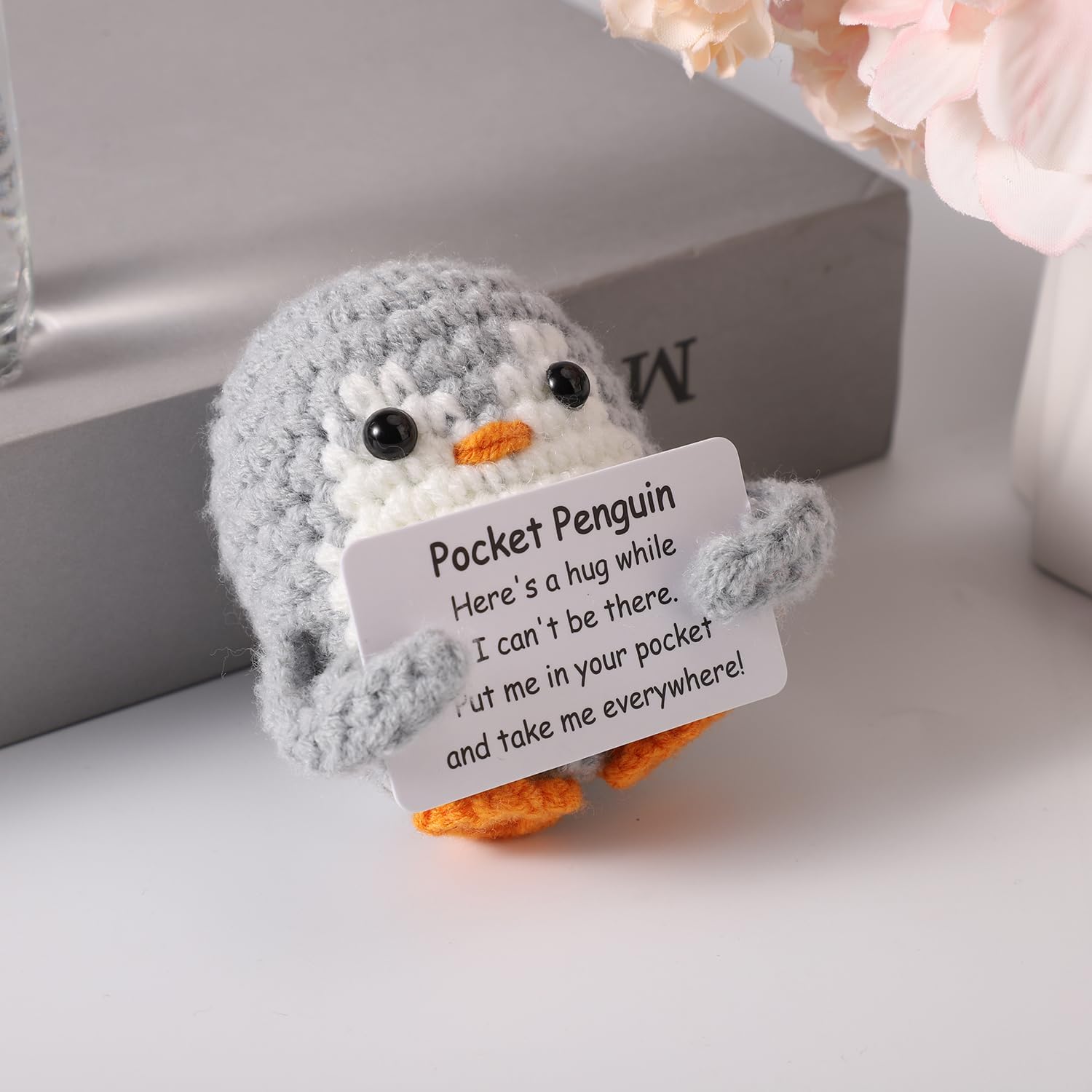 with Wooden Base, Magnetic Crocheted Penguin Doll 30 Positive Emotional Cards from Your Best Friend Creative Support Knitted Animals Desktop Decor Funny Graduation Gift Toy