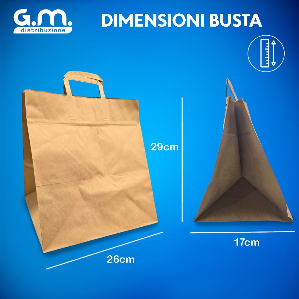 GM 50 Shopper Asporto in Carta 26+17x29h cm Avana Borse con Base Larga e Manici per Cibo Bevande Take Away