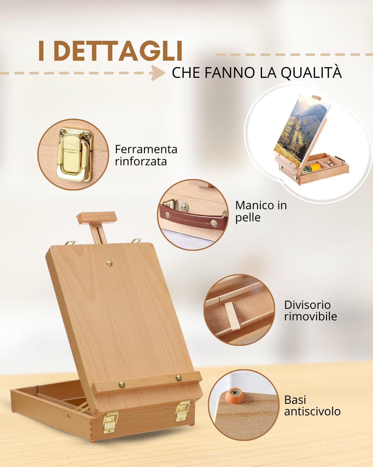 Cavalletto Pittura – Cavalletto da Tavolo in Legno di Faggio con Cassetto Portaoggetti – Altezza Regolabile per Tele Fino a 54cm – Valigetta Portatile per Bambini, Principianti e Artisti