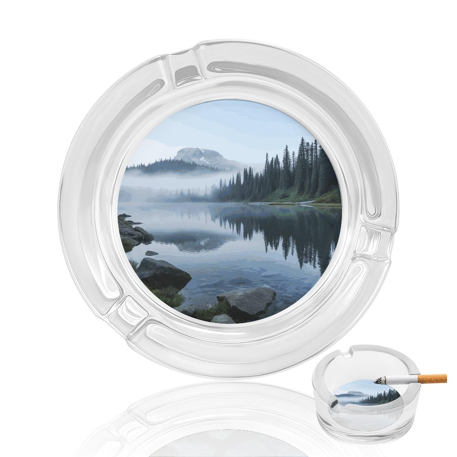 Fekiloot Men's Style Foggy Lake By Mount Rainier Glass Ashtray For Cigarette Cigar,Cigarette Ashtray For Indoor Or Outdoor Use,Cigar Ashtrays With 3 Notches-Glass Decor Gift For Smokers