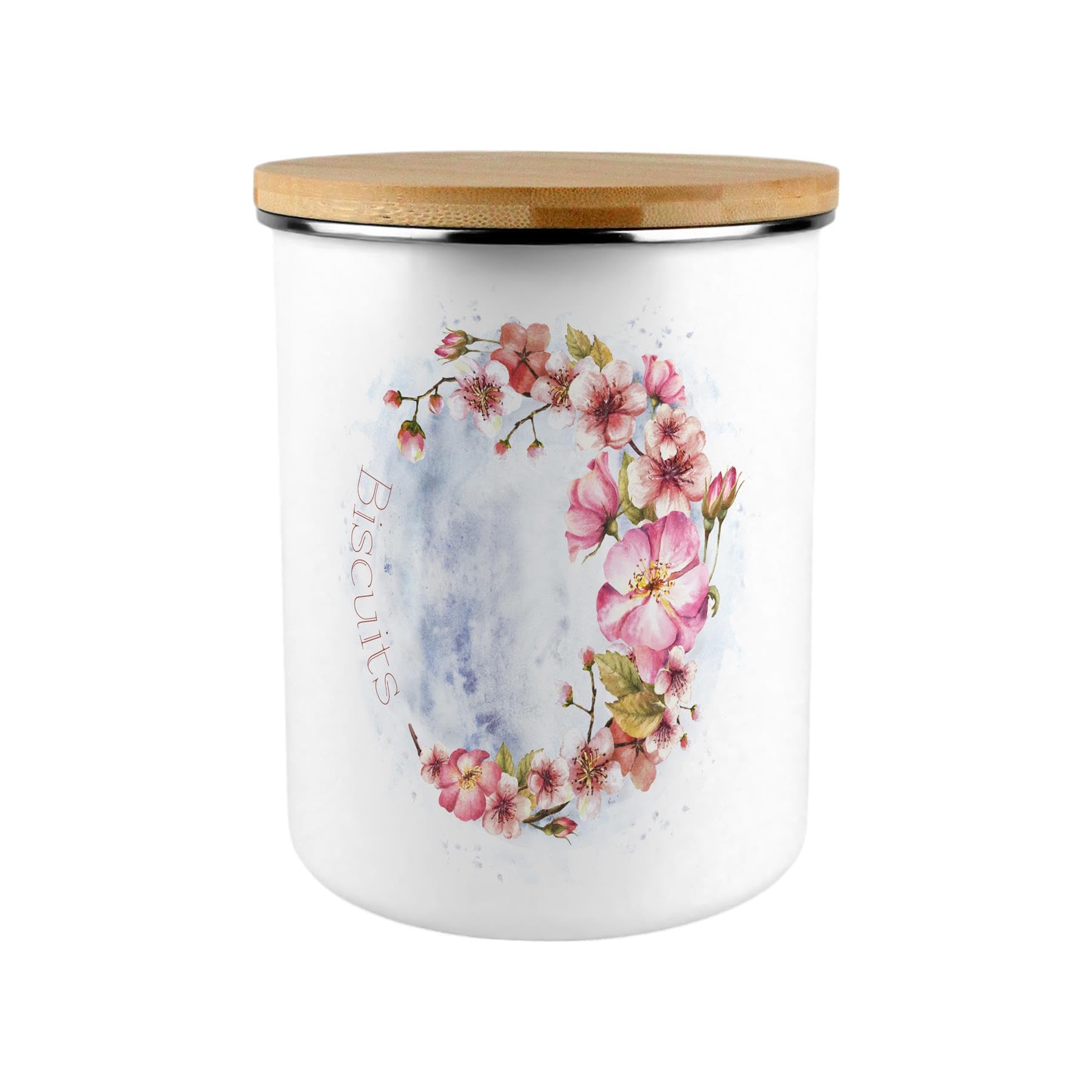 Extra Large Enamel Biscuit Canister - Pink Blossoms Kitchen Storage Jar Gift