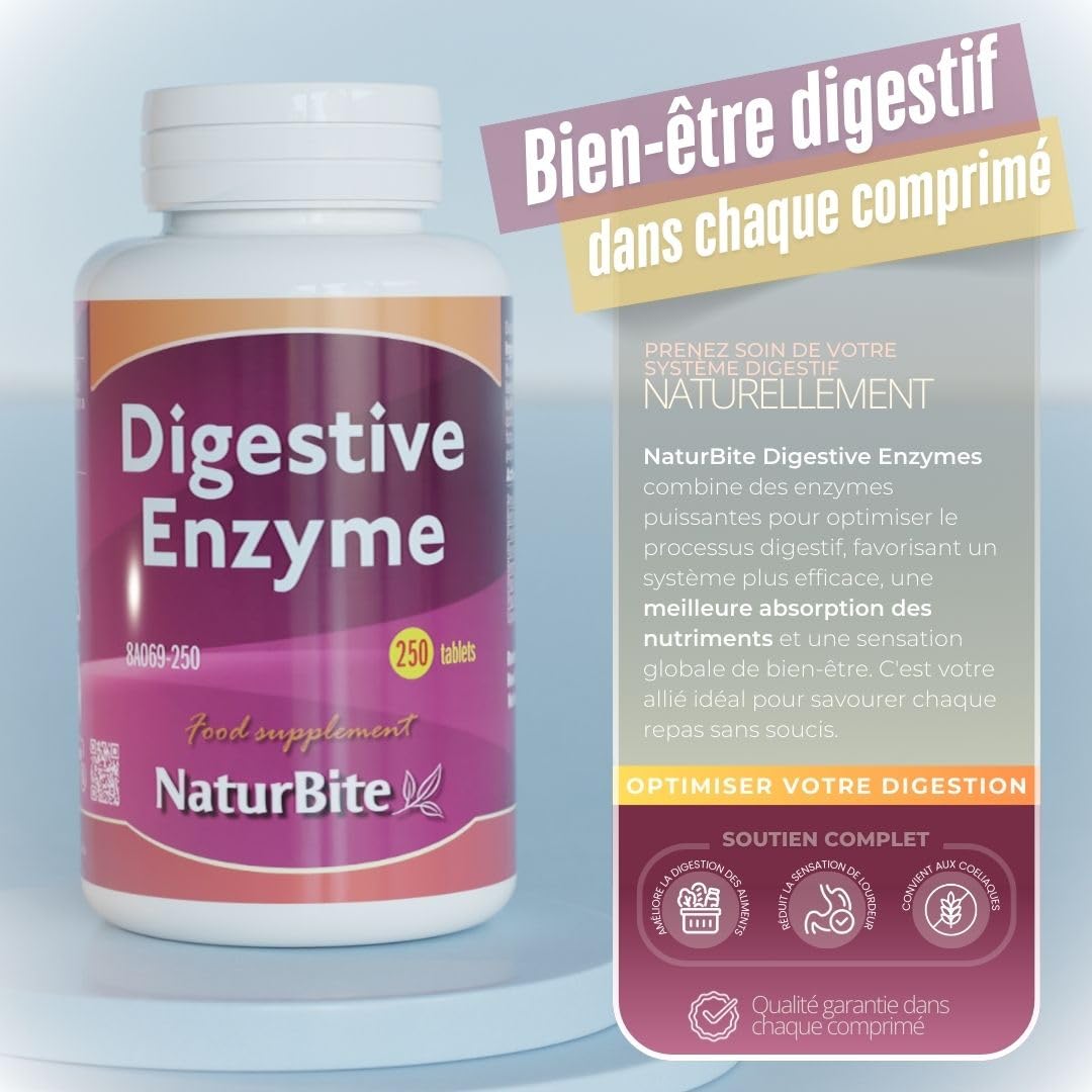 Naturbite Enzymes Digestives, 250 comprimés. Améliorez Votre Processus Digestif en Facilitant la Décomposition et L'absorption des Nutriments Contenus dans les Aliments.