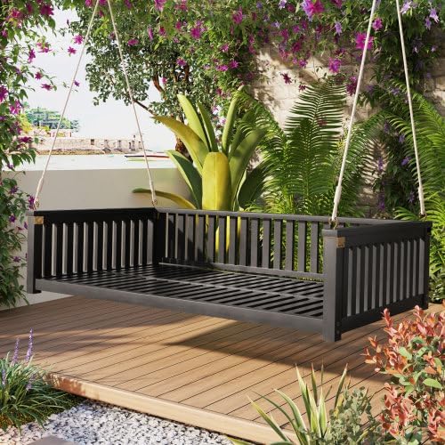 Porch Daybed Swing Outdoor Wooden Swing Bench, Patio Hanging Chai...