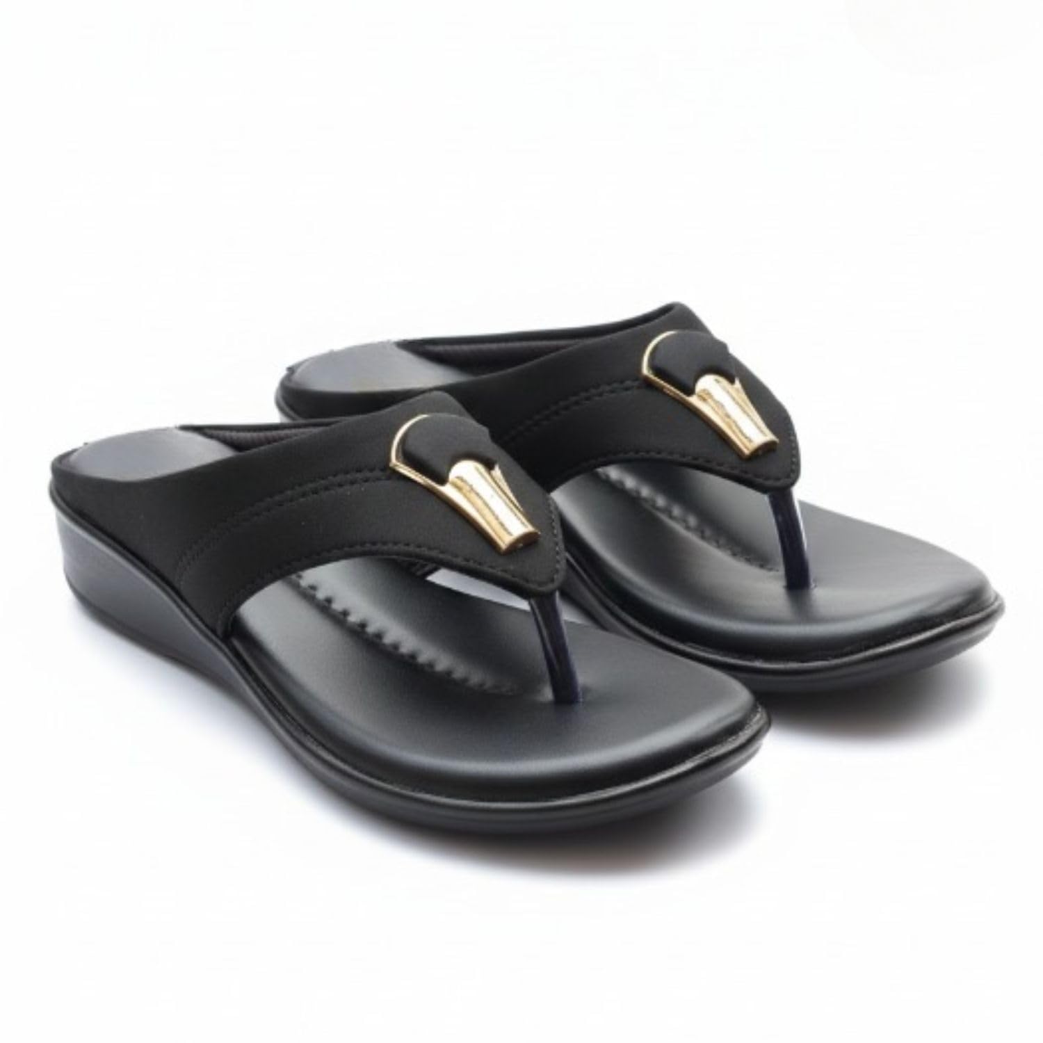 Women Black Wedge Sandals Fashion Open Toe T Strap Slip On Slipper Elegant Gold Metallic Charm Trim Comfortable Lightweight Cushioned Platform-picture-50