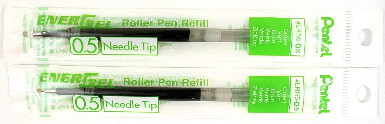 2 Pk Pentel LRN5-D EnerGel Refills, 0.5 mm Fine Needle Tip, Green