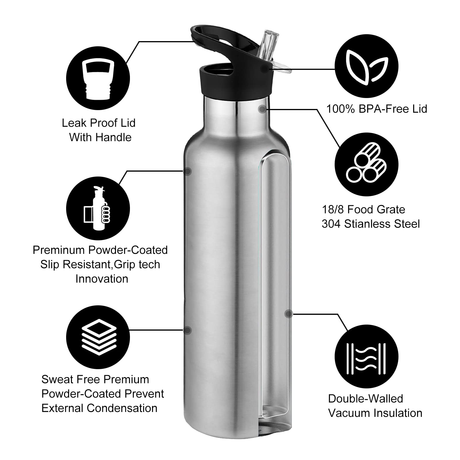 Botellas de agua de acero inoxidable de 24 onzas (plata, juego de 4)