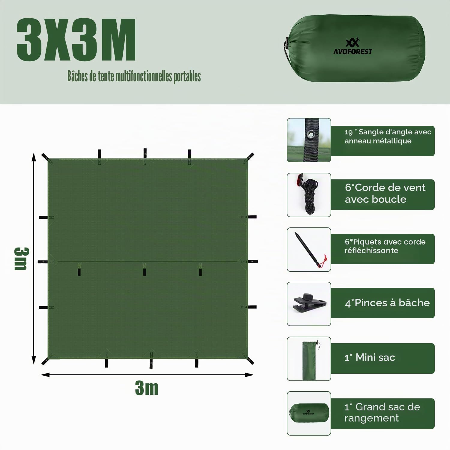 Bâche imperméable 3x3 - Bâche de camping ultra légère avec 19 œillets, goupilles en aluminium, cordes en nylon, clips pour tente, anti UV, neige et pluie pour camping