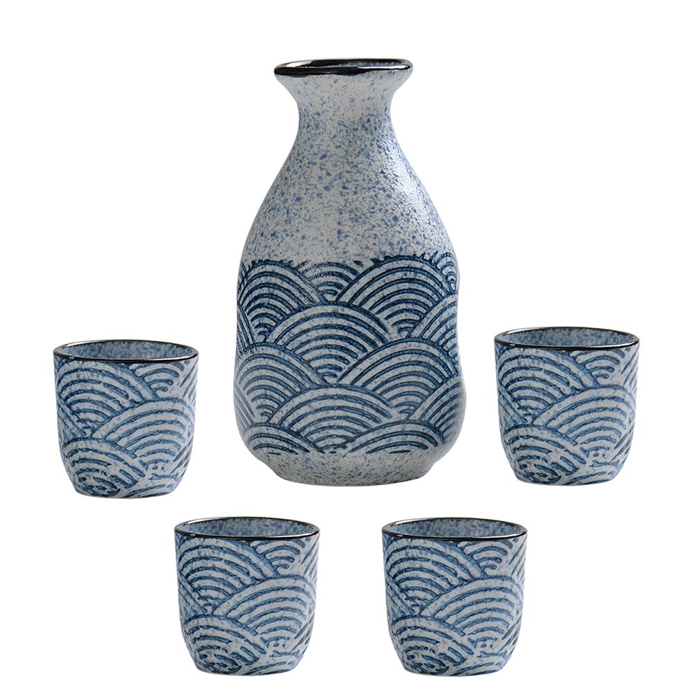 Japanese Sake Set, 5 Piece Sake Cup Set, Quaint Wave texture Design Ceramic Cups, Crafts Wine Glasses, for Cold/Warm/Shochu/Tea Best Gift for Family and Friends