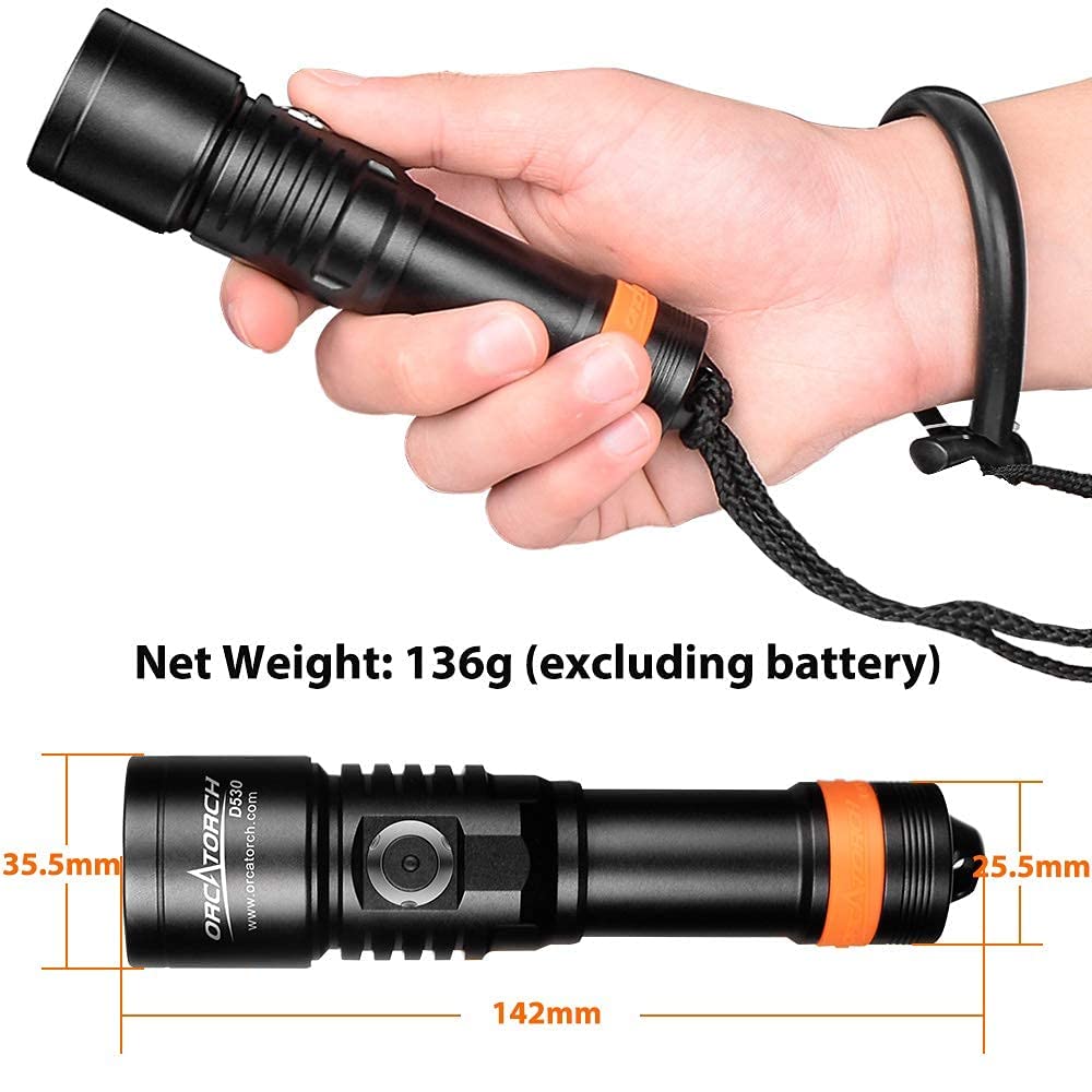 ORCATORCH D530 ARA Dive Light, 395NM LED UV Luce nera con 8 gradi angolo di fascio stretto, interruttore laterale in lega di titanio, 2 modalità di illuminazione, impermeabile IP68 per immersioni