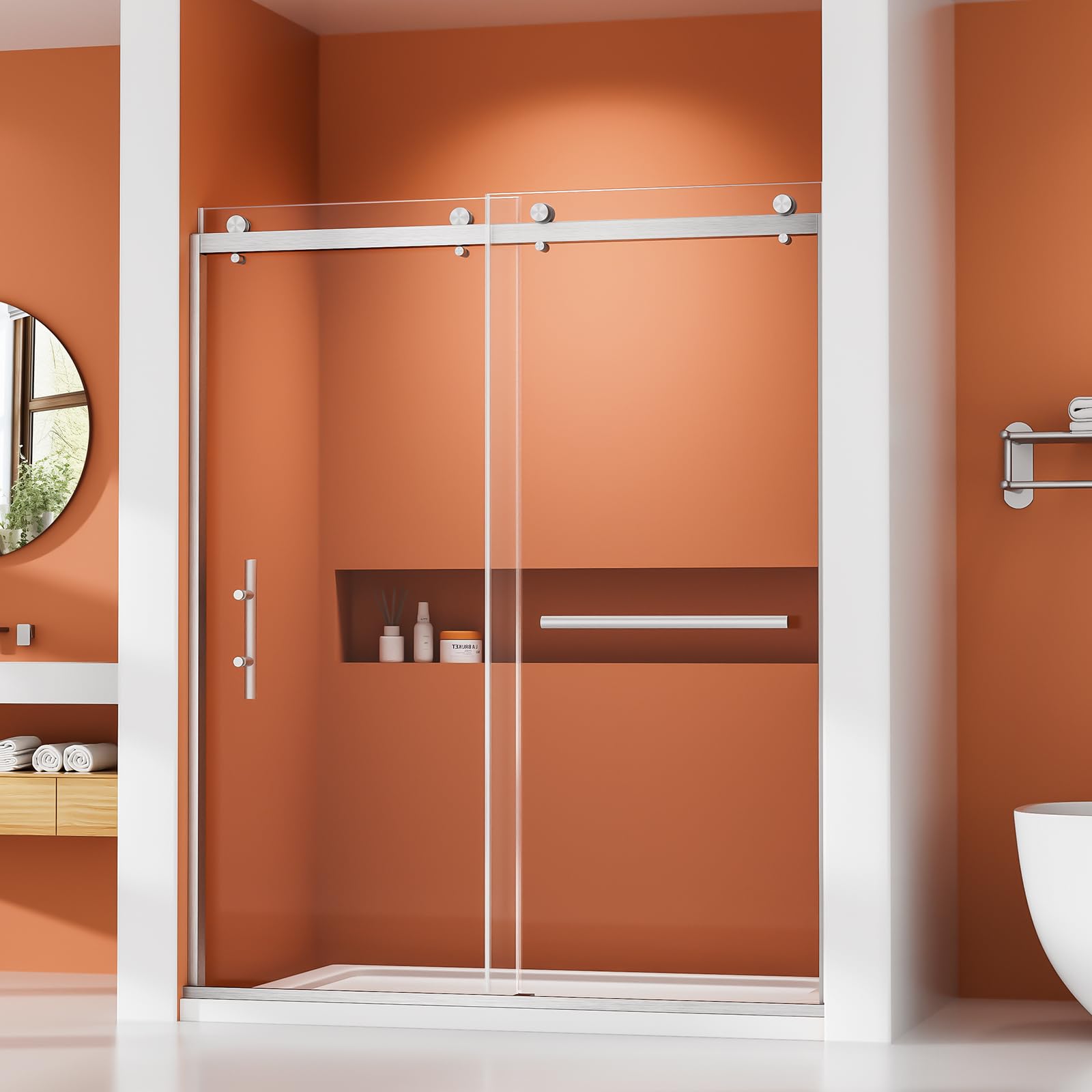 Photo 1 of AVKENOEDY Shower Door 60" W x 74" H Double Sliding Shower Door, Framed Shower Door with 1/4" (6mm) Thick Tempered Glass, Explosion-Proof Film Nano Coating Brushed Nickel (factory sealed)