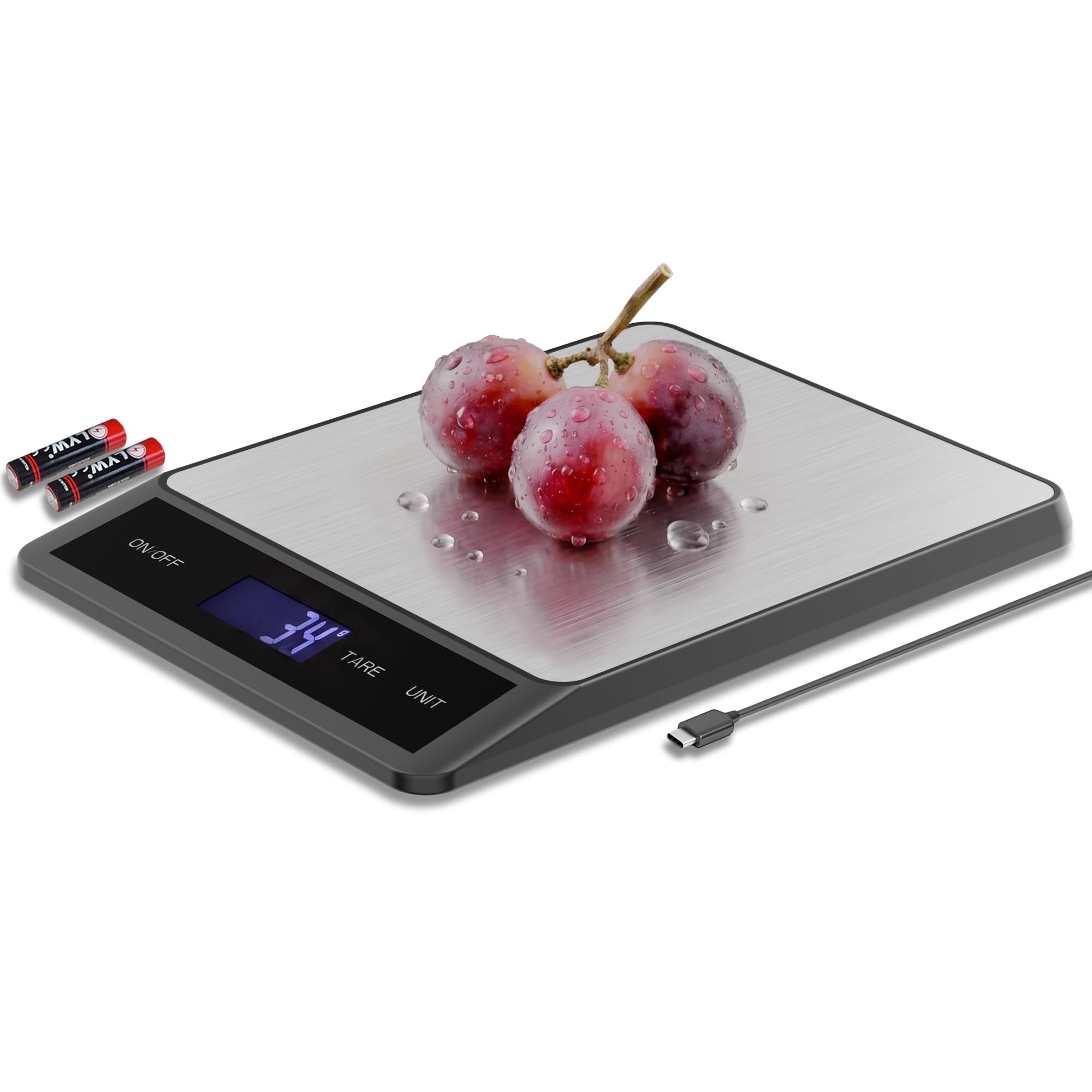 Küchenwaage Digital 15kg/1g, Waage Küche USB Wiederaufladbar, Digitale Küchenwaage mit Tara-Funktion, LCD Display, g/kg/ml/Milch-ml/lb/oz, Food Scale für Backen, Kochen, Meal Prep
