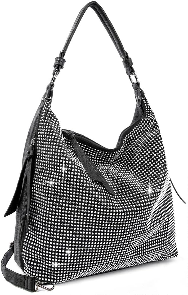 Rhinestone Hobo Handbag for Women, Sparkly Crystal Shoulder Bag with Detachable Crossbody Strap, Faux Leather Purse