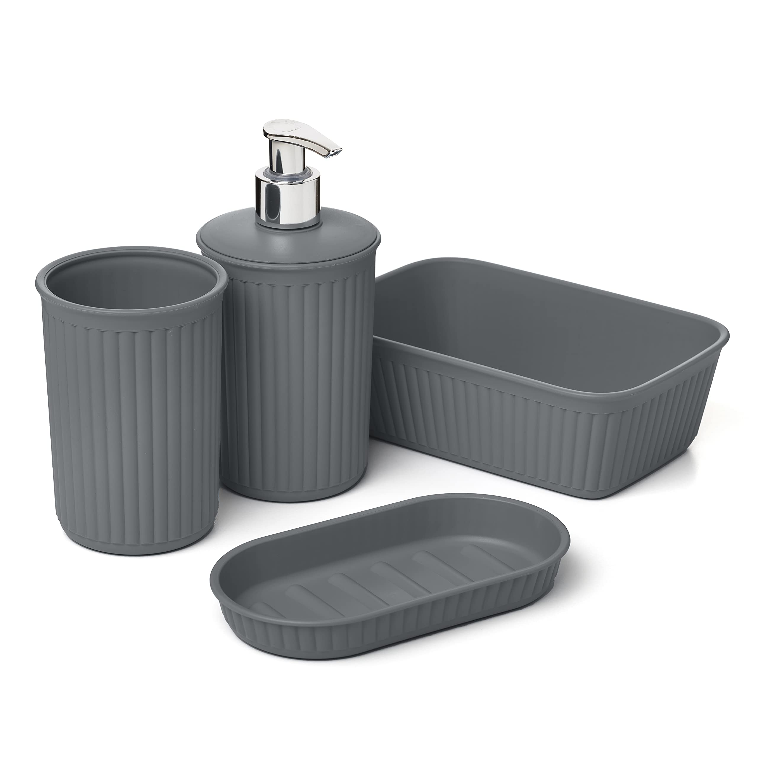 Tatay Set de 4pcs Sobremesa de Baño (Vaso + Dosificador + Jabonera + Organizador A6) Baobab, de Plástico, Libre de BPA, Gris Antracita, 6391114