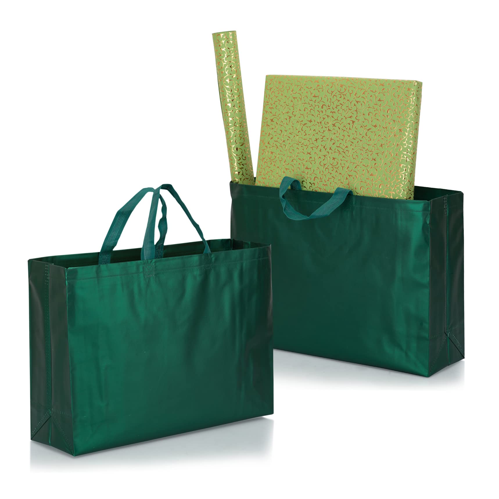 Lavya Large Size Pack of 5 Pcs Matt Metallic Laminated Non-Woven Reusable Eco-Friendly Party Return Gift Bags (Bottle Green) (Large 17x12x5 Inch)