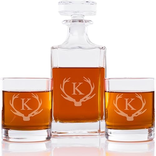Abby Smith Antler inicial Decantador de Whisky y rocas Glass Set, K
