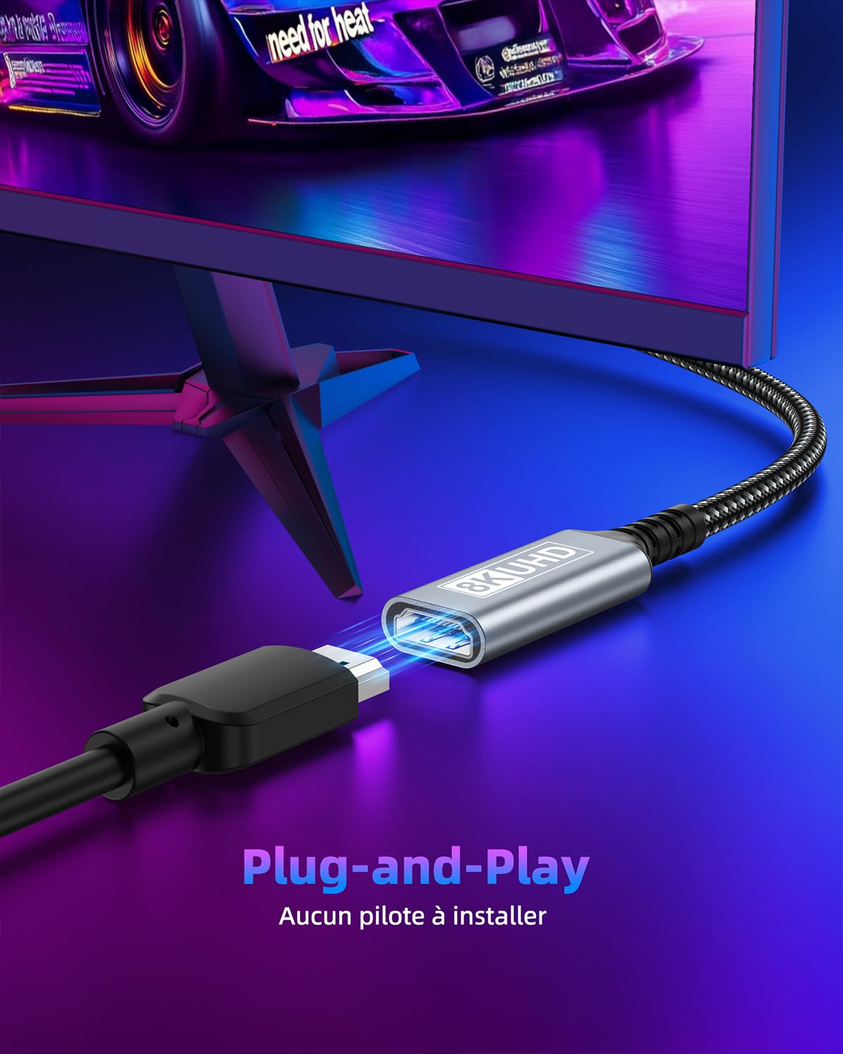 Rallonge HDMI 0.5M Câble, Câble d'extension HDMI 2.1 Mâle vers Femelle 8K@60Hz 4K@120Hz/144Hz 48Gbps, High Speed UHD eARC HDCP 2.3, Compatible avec TV Stick, HDTV, PS5/PS4