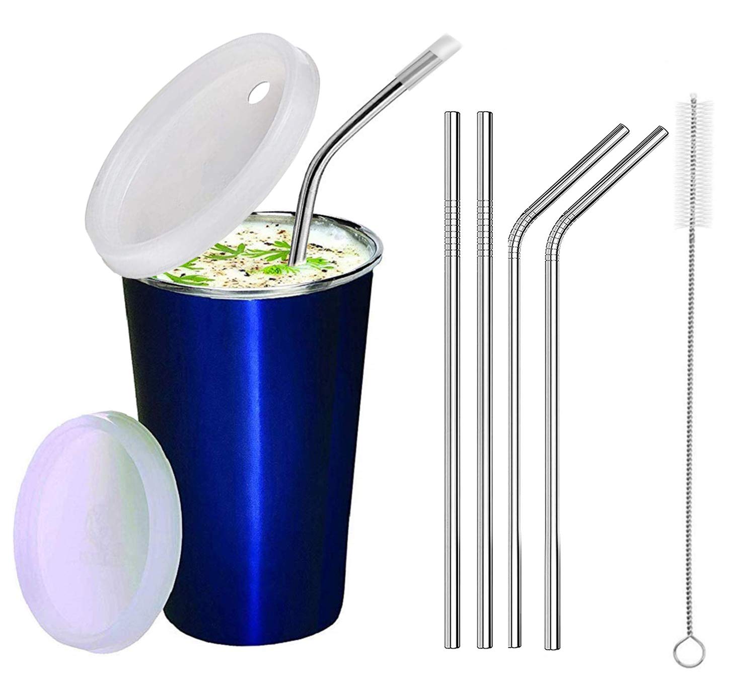 PARABRAHMA Stainless Steel Baby Sipper for Kids with Straw Glass for Kids for Milk Steel Straw Glass for Adults with Lid, 2 Bend Straw, 2 Straight Straw, 1 Straw Cleaning Brush (300 ml) (Blue)-image-12
