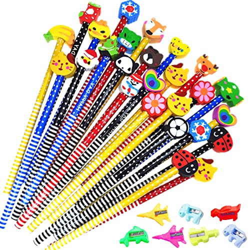 MEIYIFAN Conjunto de Lápiz, 40 Piezas Lápices Infantiles + 20 Sacapuntas, Lápiz de Madera con Borrador de Dibujos Animados,para la Fiesta de cumpleaños Fiesta de los niños recompensa Cover