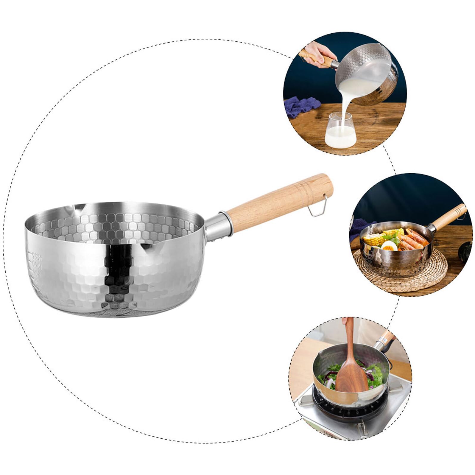 COLLBATH Pentola in Acciaio Inox Manico in Legno, per Latte e Alimenti per Bambini, Multiuso, Anello per Appendere, per Casa e Hotel