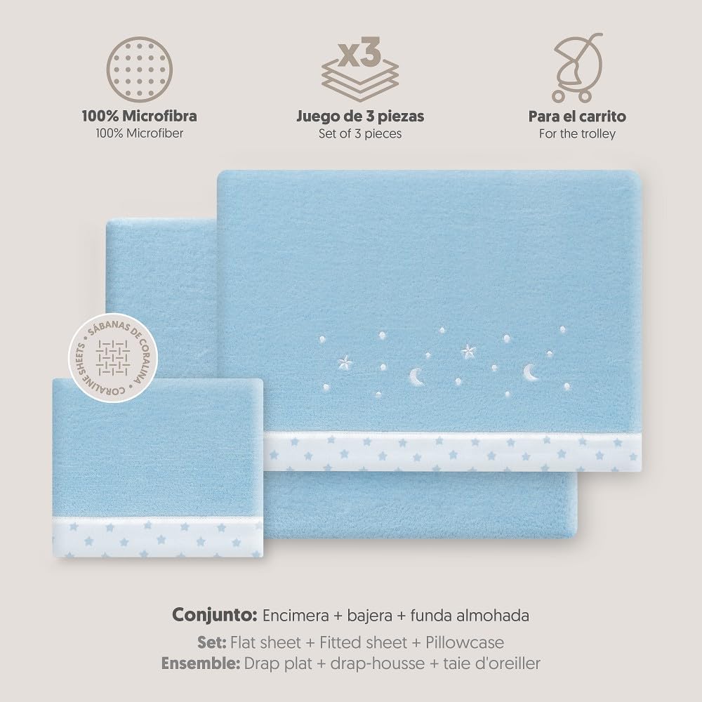Interbaby - Parure de draps pour Poussette 40 x 80 | Drap Polaire Corail Chaud | Comprend Un Drap-Housse, Un Drap de Dessus et Une taie d'oreiller | Idéal pour l'hiver | Étoiles et Lune