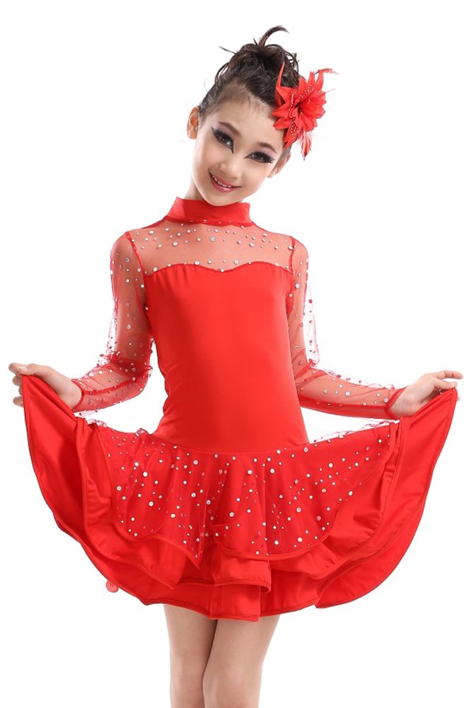 BOZEVONKids Girls Sequined Latin Tango Ballroom Dance Dress Skirt Latin Costume Red