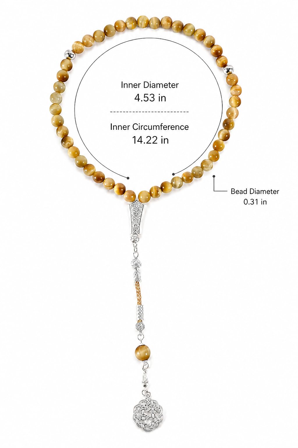 Tasbih złoty łańcuszek modlitewny z 45 perełkami Misbaha ze srebrnym frędzlem i pudełkiem na prezent, tygrysie oko, koraliki modlitewne dla mężczyzn, ojca, męża, Ramadan Eid prezent urodzinowy