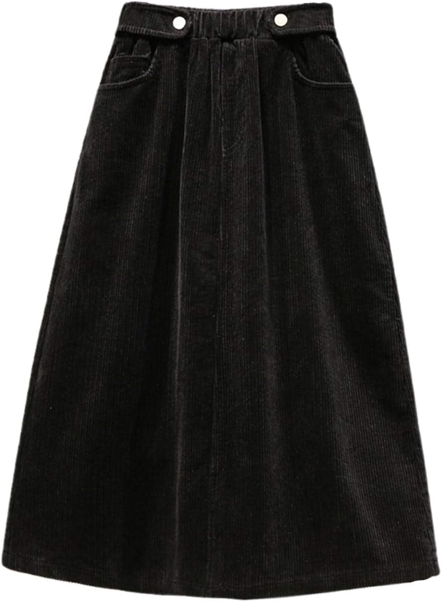 CHARTOU Women's Winter Corduroy Elastic Waist Ruffle A-Line Midi Long Skirt
