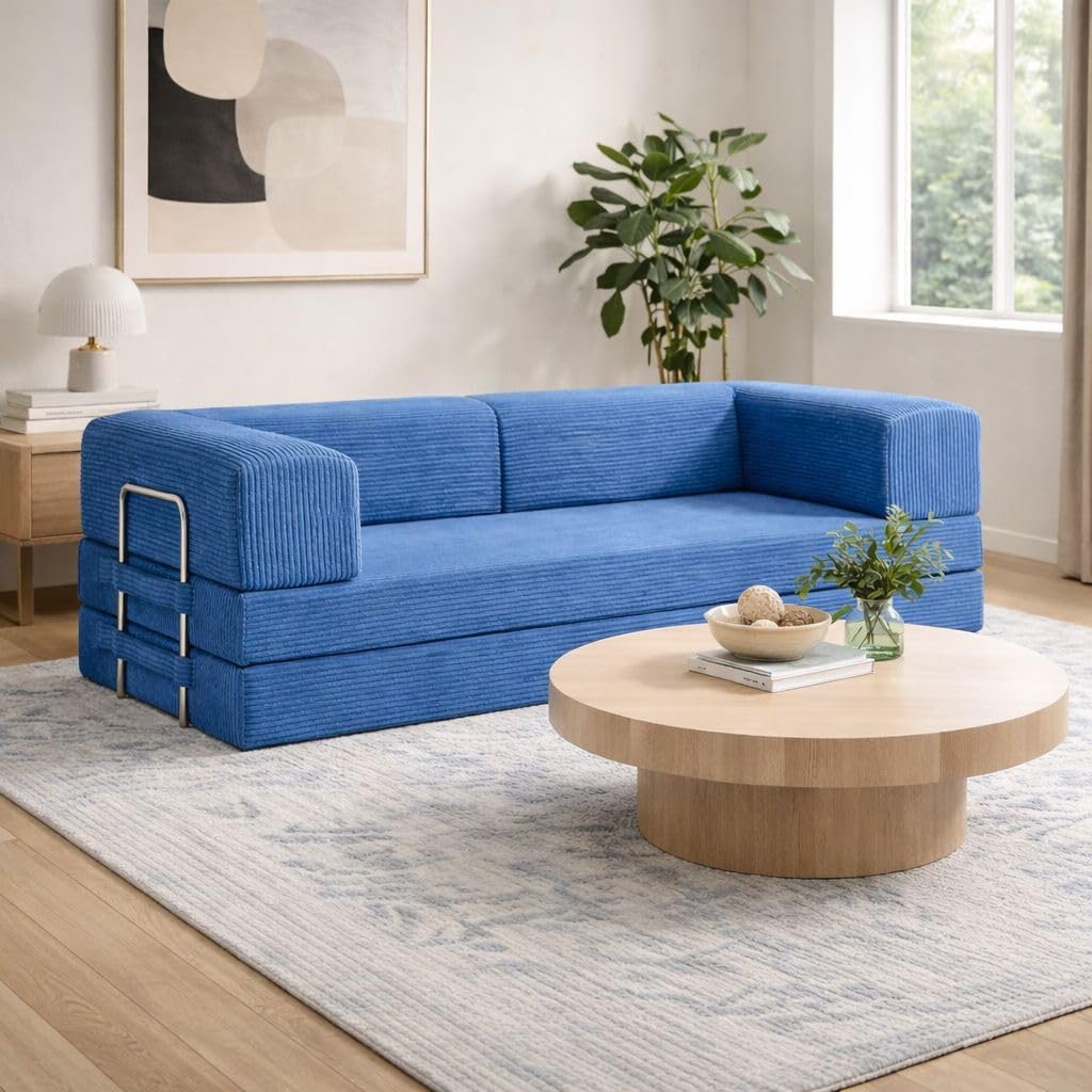 TUFT&FINCH 82" Folding Convertible Sofa Bed – 5 in 1 Modular Corduroy Boneless Couch for Living Room, Pet-Friendly Cloud Couch, Removable Washable Covers, CertiPUR US Foam - Bali Blue