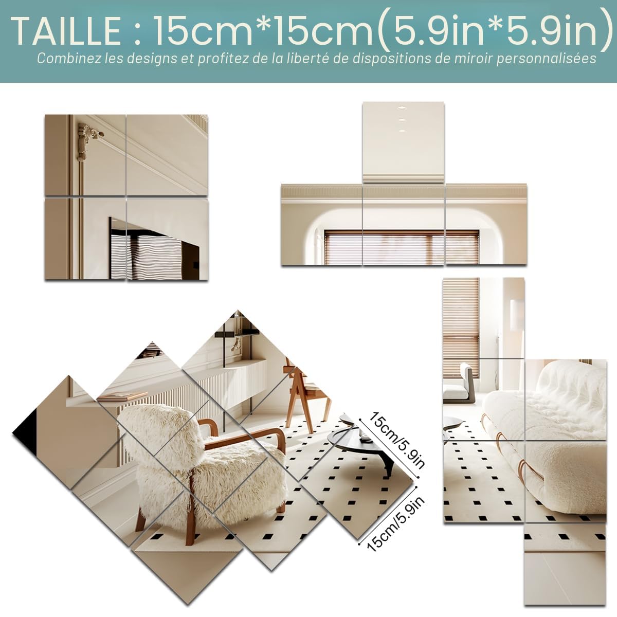 Autocollants en miroir acrylique HD pour murs, carreaux bricolage, miroir autocollant sans verre incassable (Lot de 10/16)